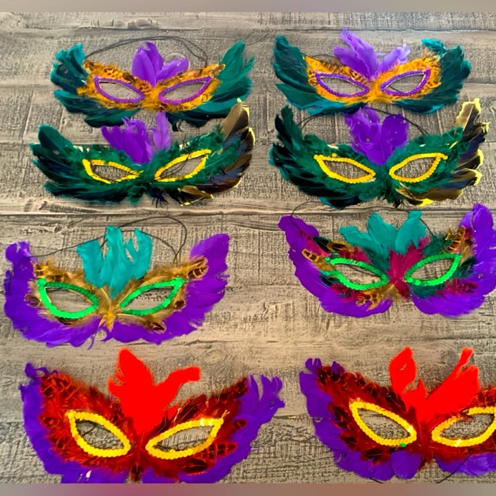 Mardi Gras Masks, 8 Feathered Sequin Elastic Band, Colorful Cute Bright Colors